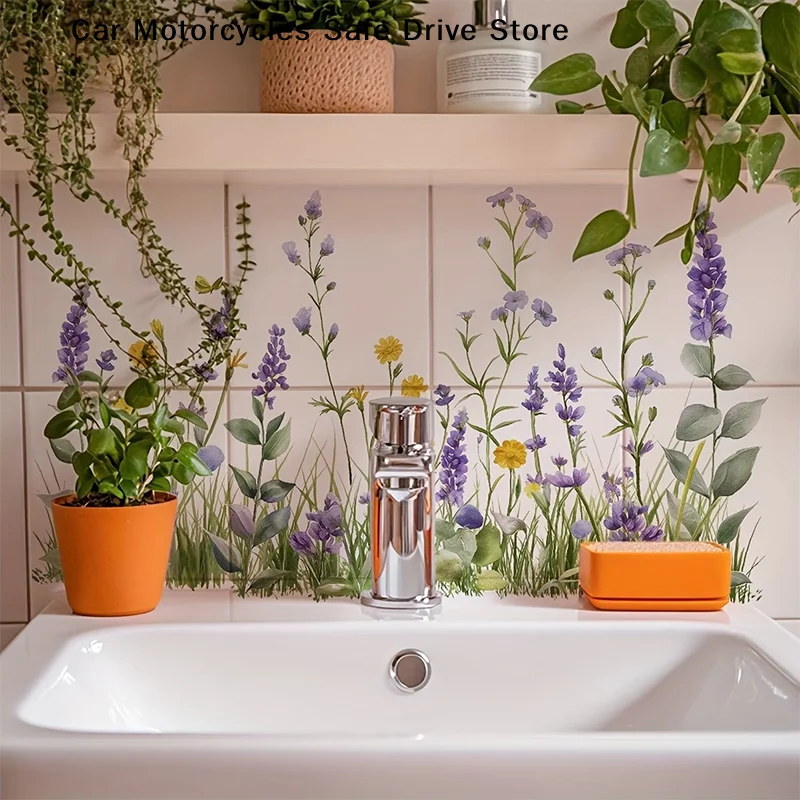 【M】Fresh Floral Pattern Bathroom Wall Sticker Self-Adhesive Removable Waterproof Sink Area Background Creative Wall Decoration