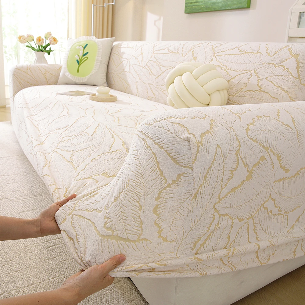 Feather Pattern Sofa Cover Full Coverage Dust-Proof Machine Washable High Elasticity Pet Friendly Protective Cover