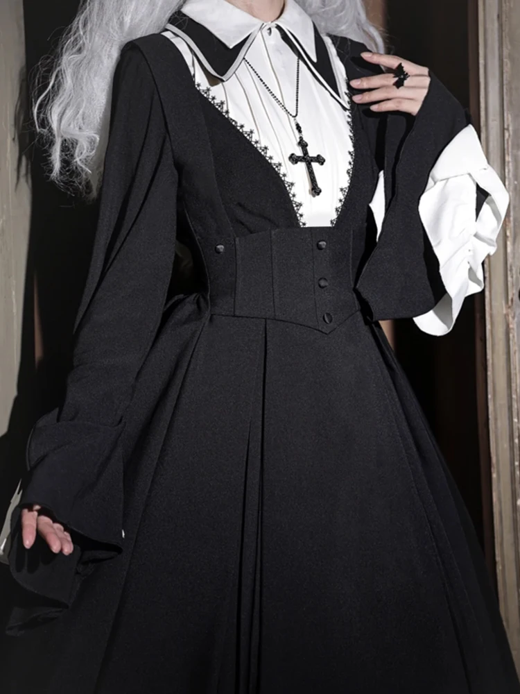 Costume de nonne gothique Lolita, ensemble complet de grande taille en Fiber de Polyester, Long Sve, coupe cintrée, ensemble de pièces t-shirt loween Cosplay Dr