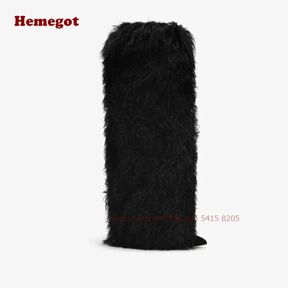 Black Mongolian Fur Stiletto Boots Thin High Heels Plush Fluffy Women\'s Boots Casual Pointy Toe Solid Elegant Runway Shoes Sexy