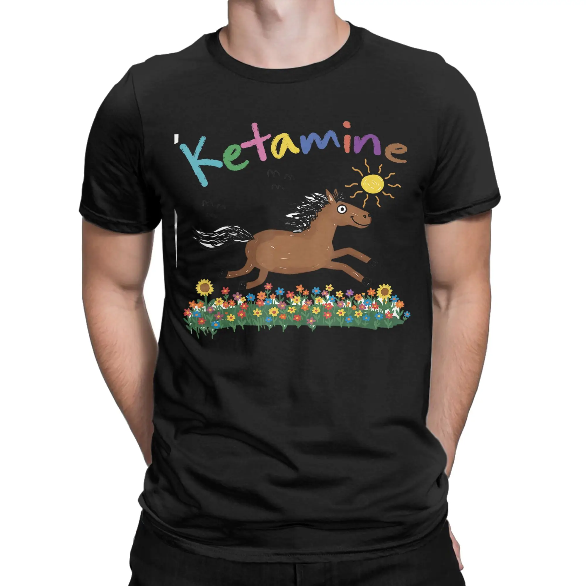 Horse Hand Drawing Meme Funny Humor Sarcasm Ketamin T Shirt Summer  Y2K Retro T Shirts Tee Shirt For Men's Short Sleeve Clothes