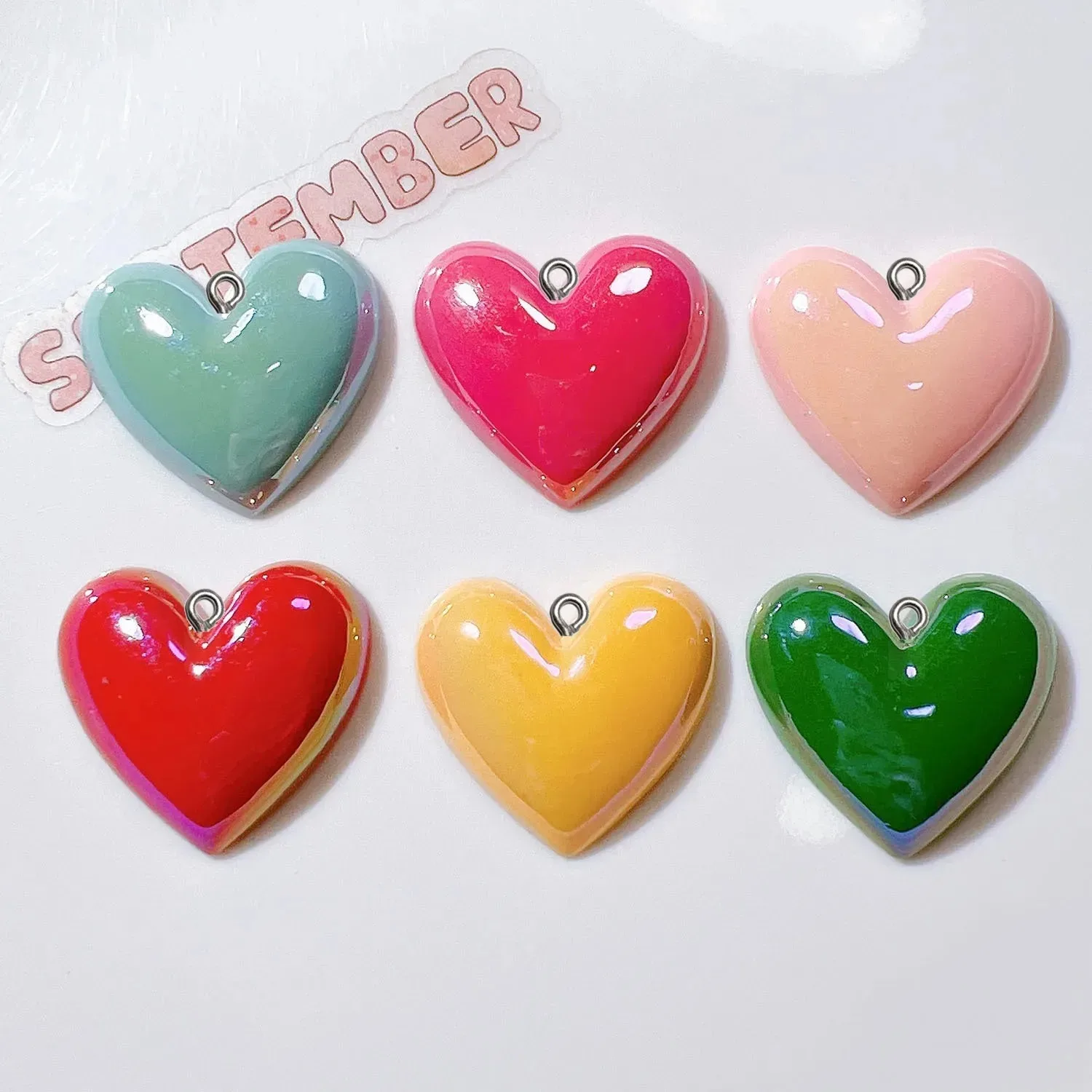 10 Pieces Glossy Color Love Heart Resin Cabochons Handmade DIY Ornaments Suitable for Key Chain Earrings Bracelets Necklaces