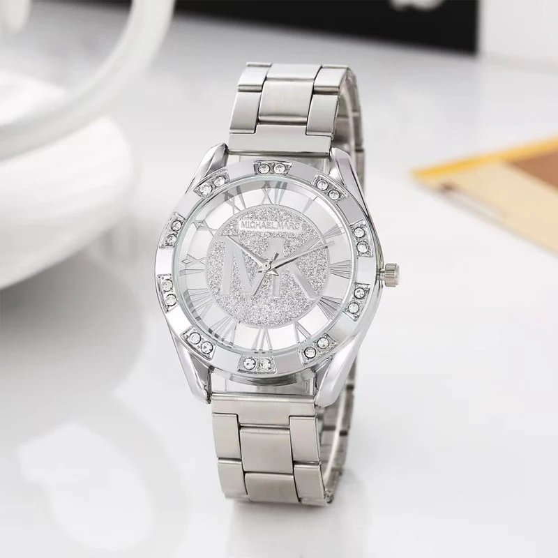 1Pc Women Fashion Dress Quartz Wrist Watch Shiny Crystal Bezel Sparkle Powder Dial Roman Number Metal Bracelet Watch Gif