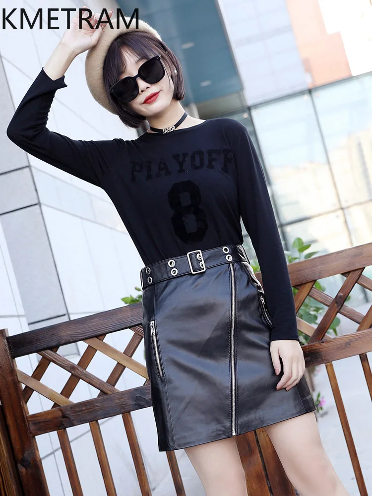 Real Sheepskin Skirts Elegant Genuine Leather Skirt for Women 2024 Spring Autumn Women's Clothes High Waist Wrap Hip Skirt Belt