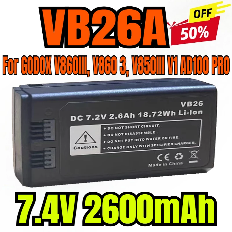 

Аккумулятор для стробоскопического освещения 7,4 В, 2600 мАч VB26A V860 для GODOX V860III, V860 3, V850III V1 AD100 PRO