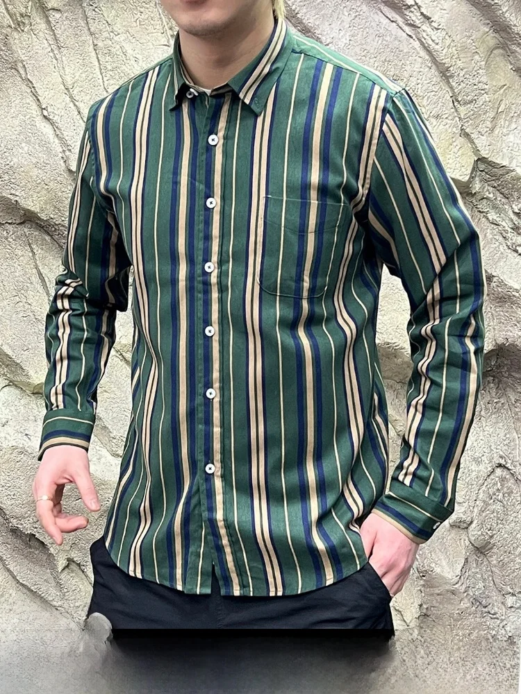 

Retro Washed Striped Long Sleeve Men's Fashionable Versatile Spring New Shirt Casual Style Standard Fit Pure Cotton Breathable