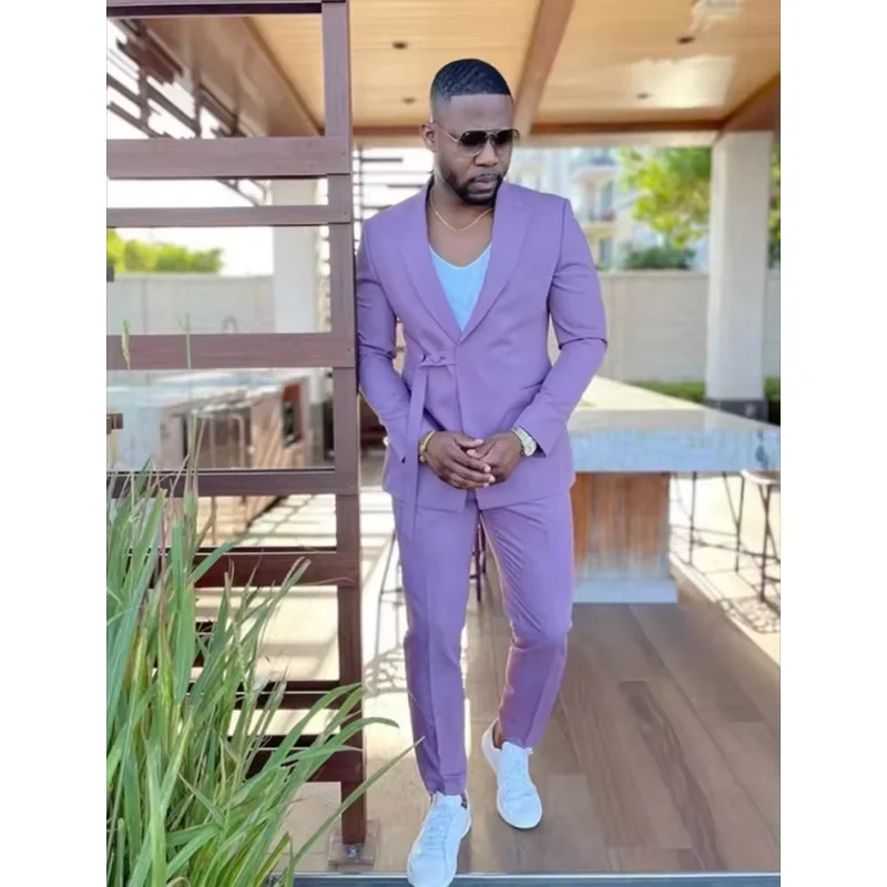

2-piece fashionable light purple men's suit with belt, tailcoat, groom's party, slim fit sports jacket+pants