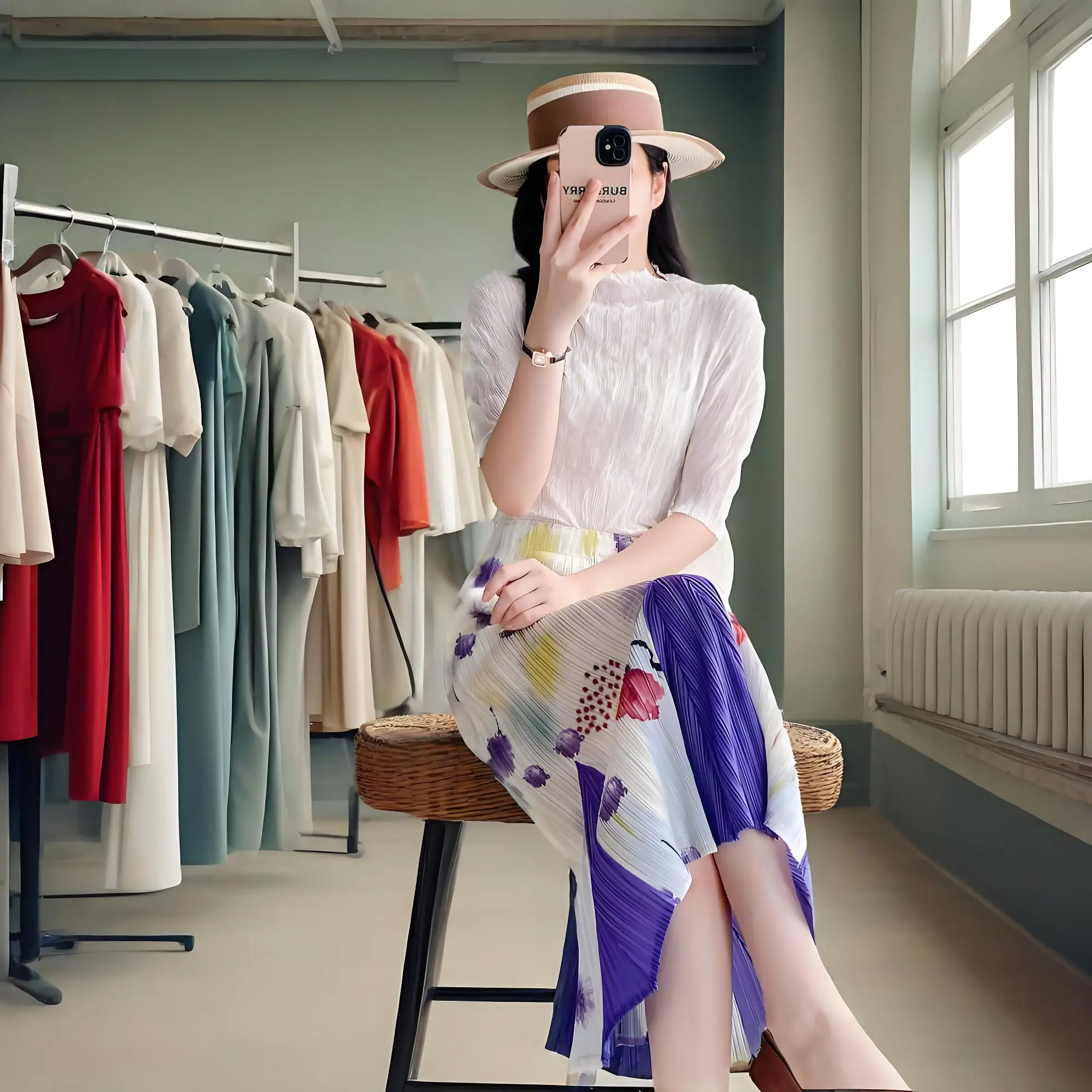 

Miyake 2025 Новая однотонная юбка с принтом, элегантная повседневная плиссированная одежда, дизайн весны и лета, плиссированная мода, новый тренд