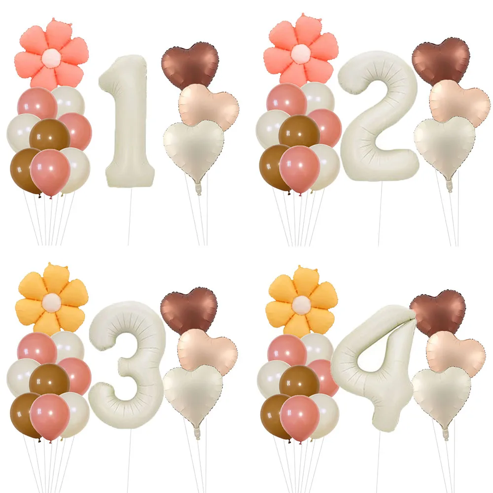 14pcs Groovy Bohemian Daisy Flower Birthday Party 40inch Cream Number Foil Balloon Retro Hippie Kids Adults Birthday Party Decor