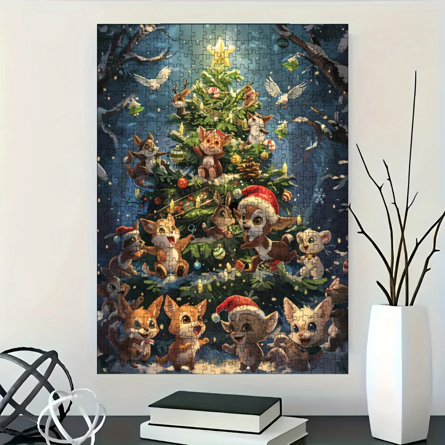 Cute Animals Christmas Tree Puzzle 1000pcs Jigsaw Game Festive Holiday Gift Family Fun Home Decor Wall Art Collectible Toy
