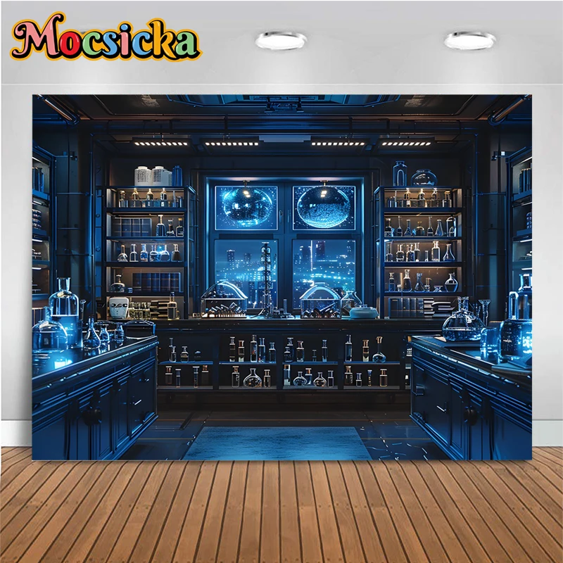 Blue Laboratory Photography Backdrop Halloween Haunted House Potions Baby Shower Photo Background For Children Decoration Studio