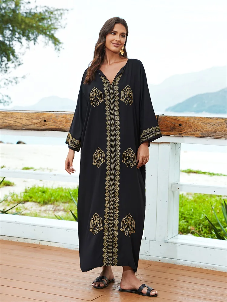 Embroidery Plus Size Long Sleeve Kaftan Beach Dress Bathing Suit Cover Up 2024 Women Summer Beachwear Moo Moo Dress Q1603