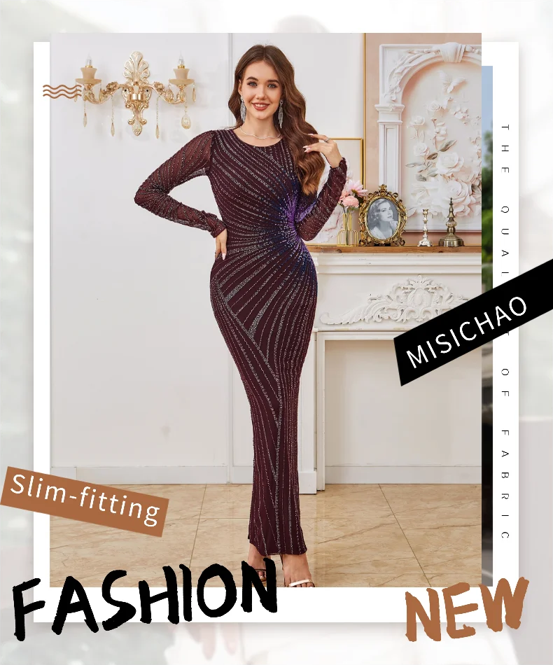 

MISICHAO Wine Red Sparkly Beaded Long Sleeve Maxi Dress Women's Elegant Bodycon Evening Party Dress for Wedding Guest Prom Gowns