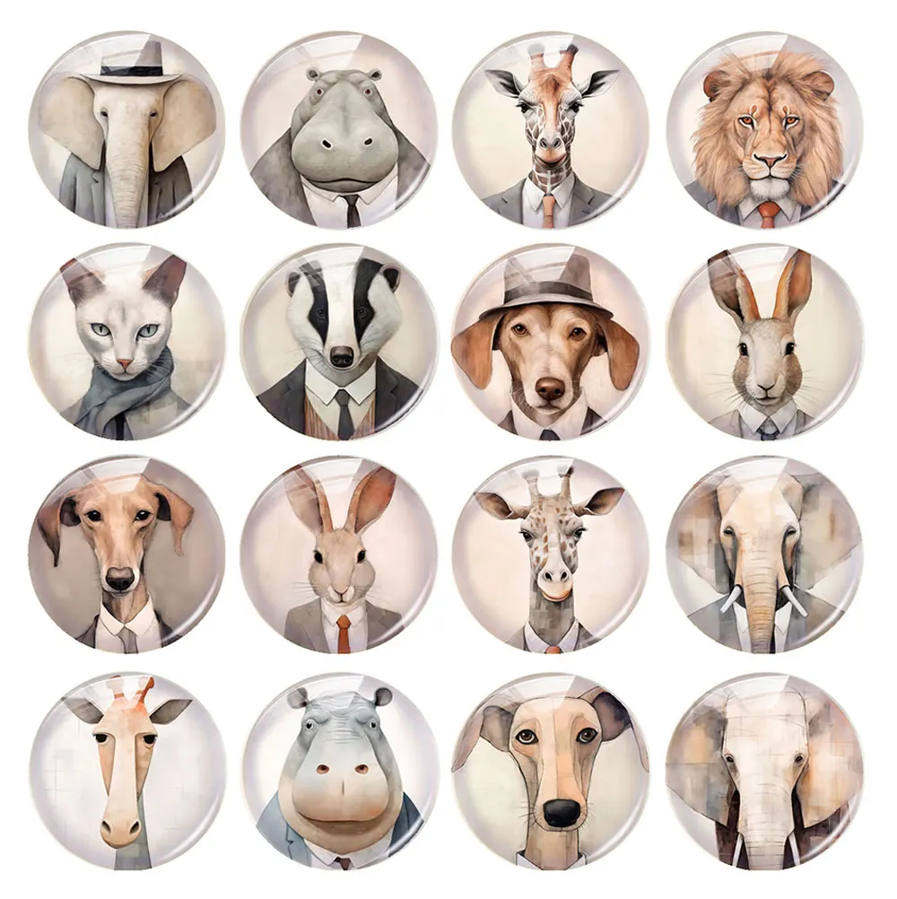 Random Mixed Round/Oval/Square Animal Gentleman Dog Cat Elephant Photo Glass Cabochon Flatback Demo Cameo For Diy Jewelry Making