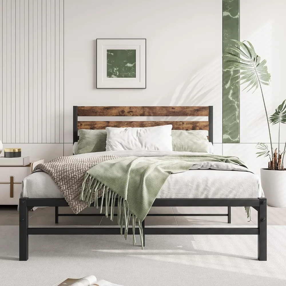 

Bed Frame with Rustic Wood Headboard, Duty Metal Platform Bed Frame Full with Sturdy Steel Slat Support, No Box Spring Needed