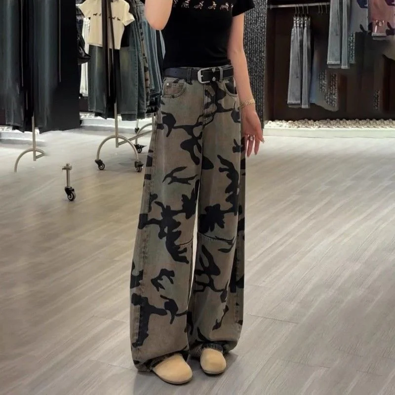 European and American Style Camouflage Workwear Retro Straight Jeans Summer New American High-waist Loose Wide-leg Pants