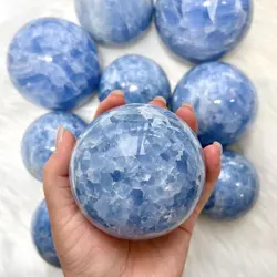1pc Kyanite Palm Crystal Healing, Celestite sphere Healing Crystal Wood Stone Reiki Home Decoration