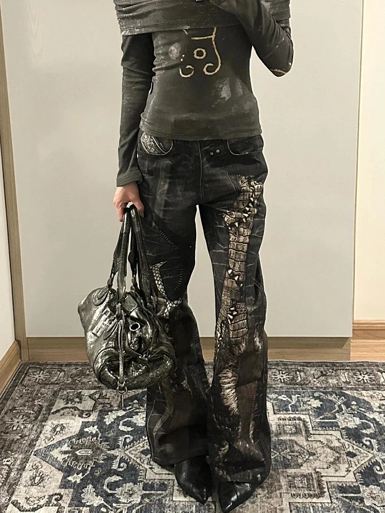 

Большие американские популярные джинсовые брюки со змеиной кожей для девочек, новые тонкие прямые легкие расклешенные черные длинные брюки в готическом стиле в стиле панк