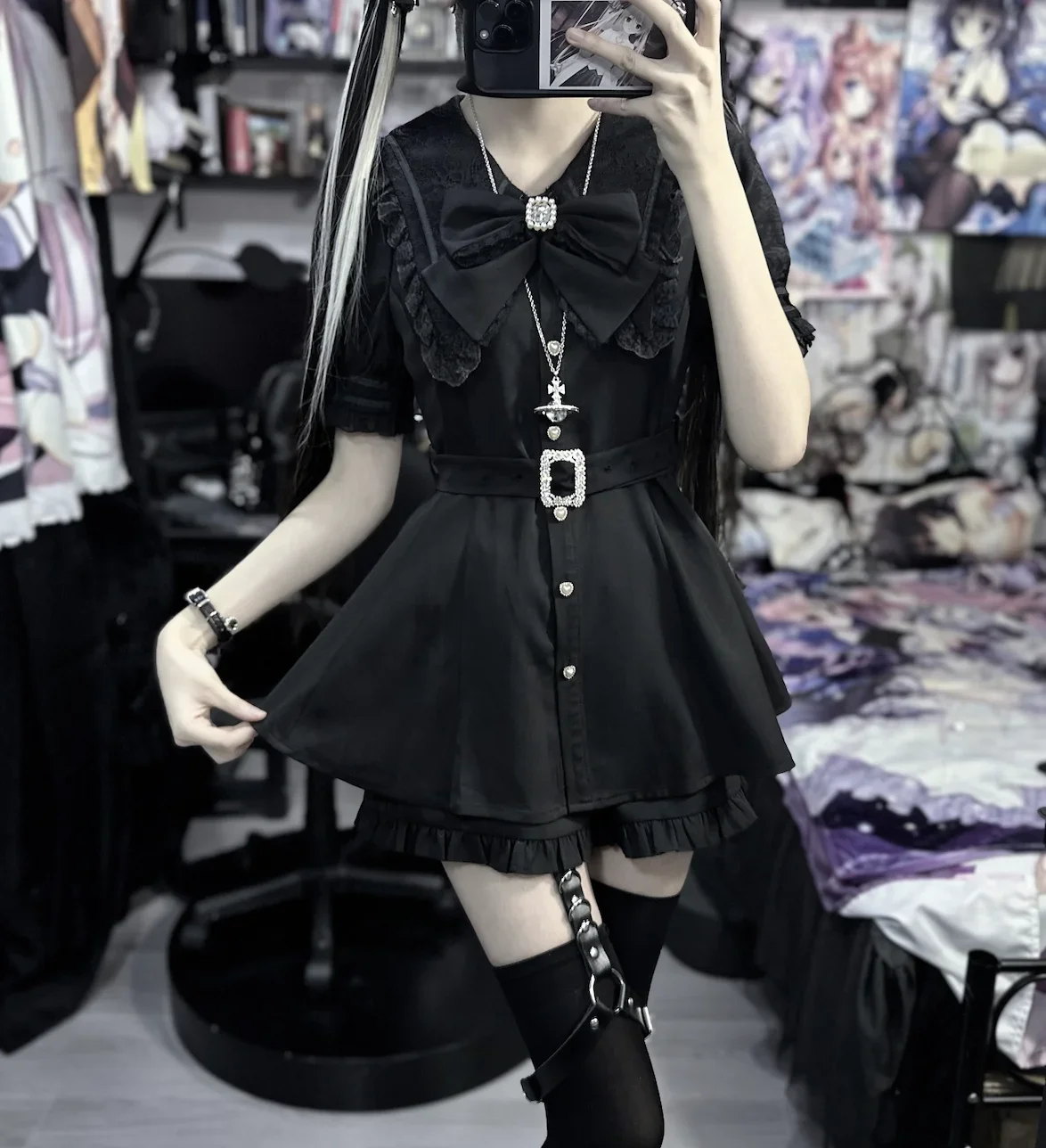 Japanese Mine Series Mass-produced Waist Long-sleeved Short-sleeved Dress and Shorts Two-piece Spring and Summer Lolita Outfits