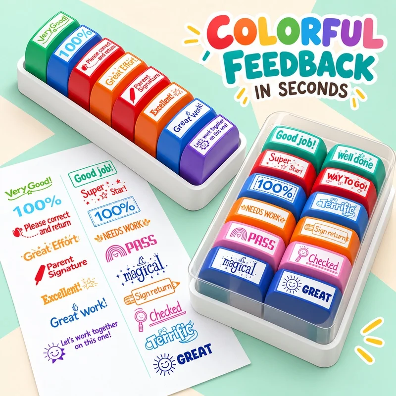 8/12‑Pack Teacher Self‑Inking Reward Stamps, Encouraging Feedback Stamps with Storage Case for Grading & Classroom Use