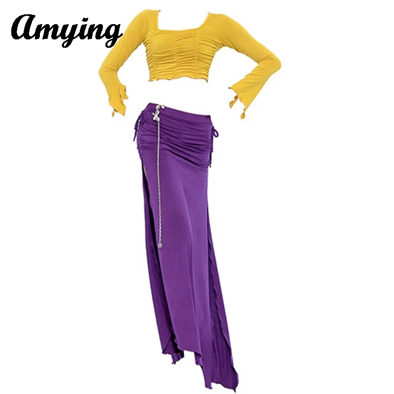 Women Belly Dance Stage Costume Set Long Sleeve Top Split Skirt New Fairy Oriental Dance Stage Performance Practice Clothing