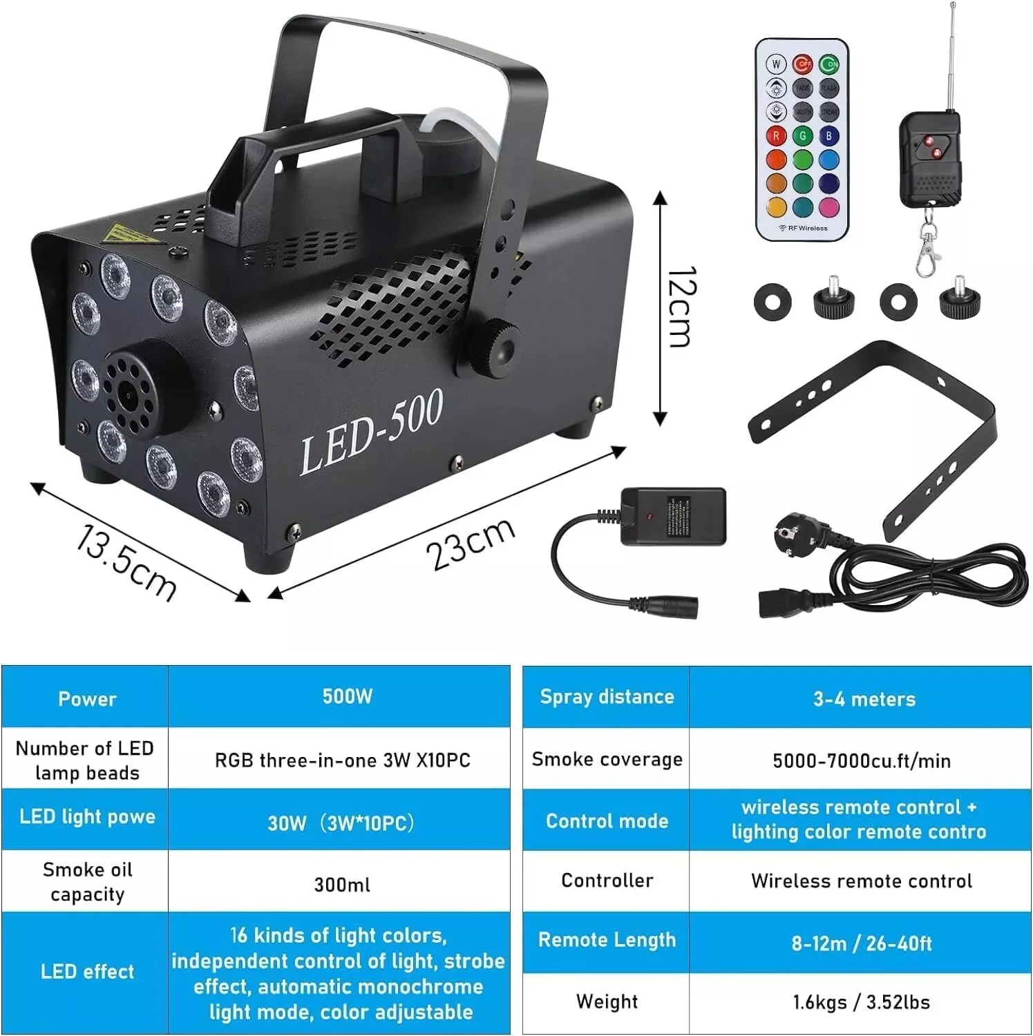 Fog Machine Smoke Machine, 10 LED Lights with 13 Colors, 500W and 5-7KCFM Fog, Wireless&Wired Remote control, Perfect for Weddin