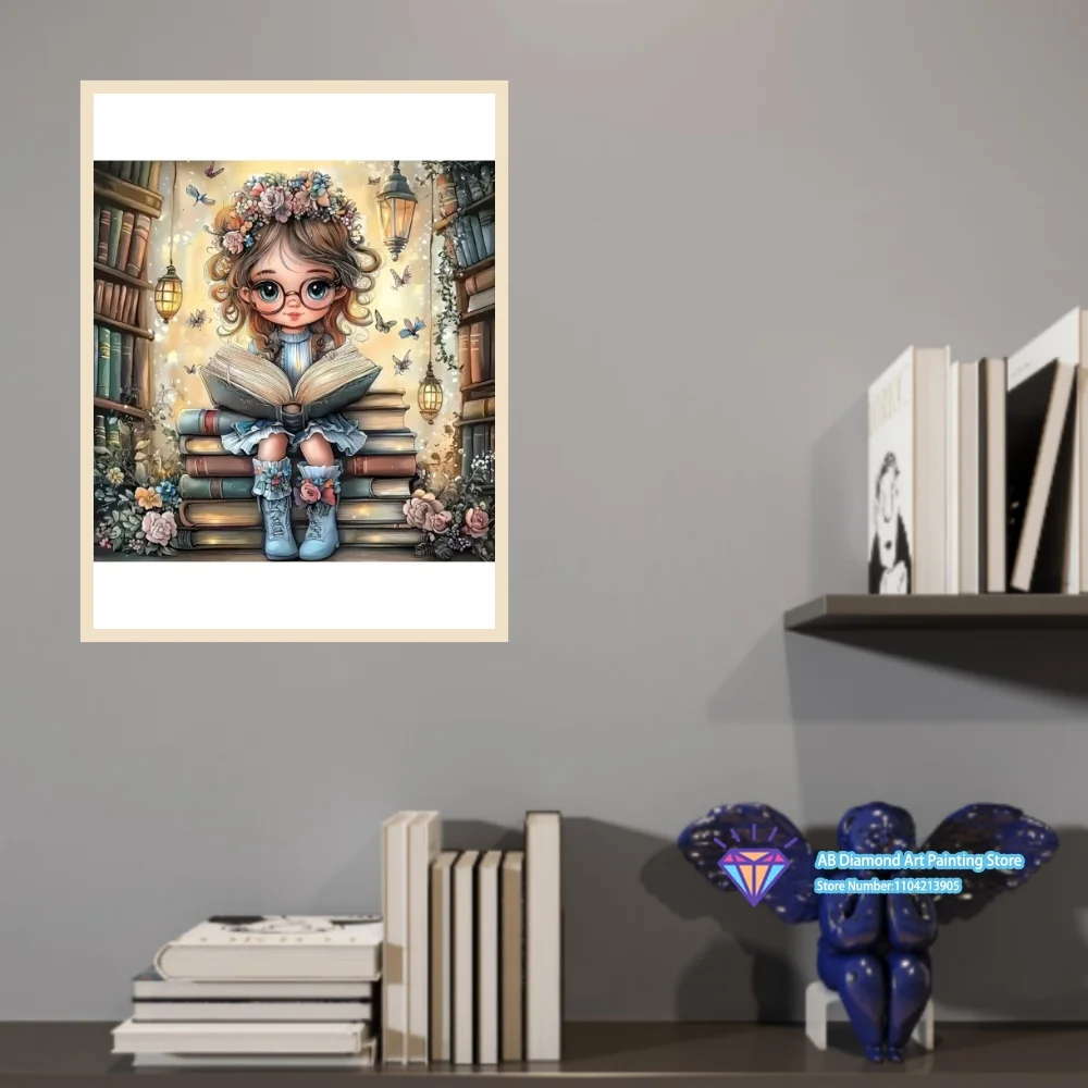 Book Reading Girl Floral Butterfly Art 5D DIY Diamond Painting Set with Square and Round Diamonds Handmade Crafts Gifts