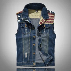 Men's Denim Vest Printed Sleeveless Jeans Jacket Men Casual Ripped Slim Fit Waistcoat Cotton Cowboy Hip Hop Streetwear Coats