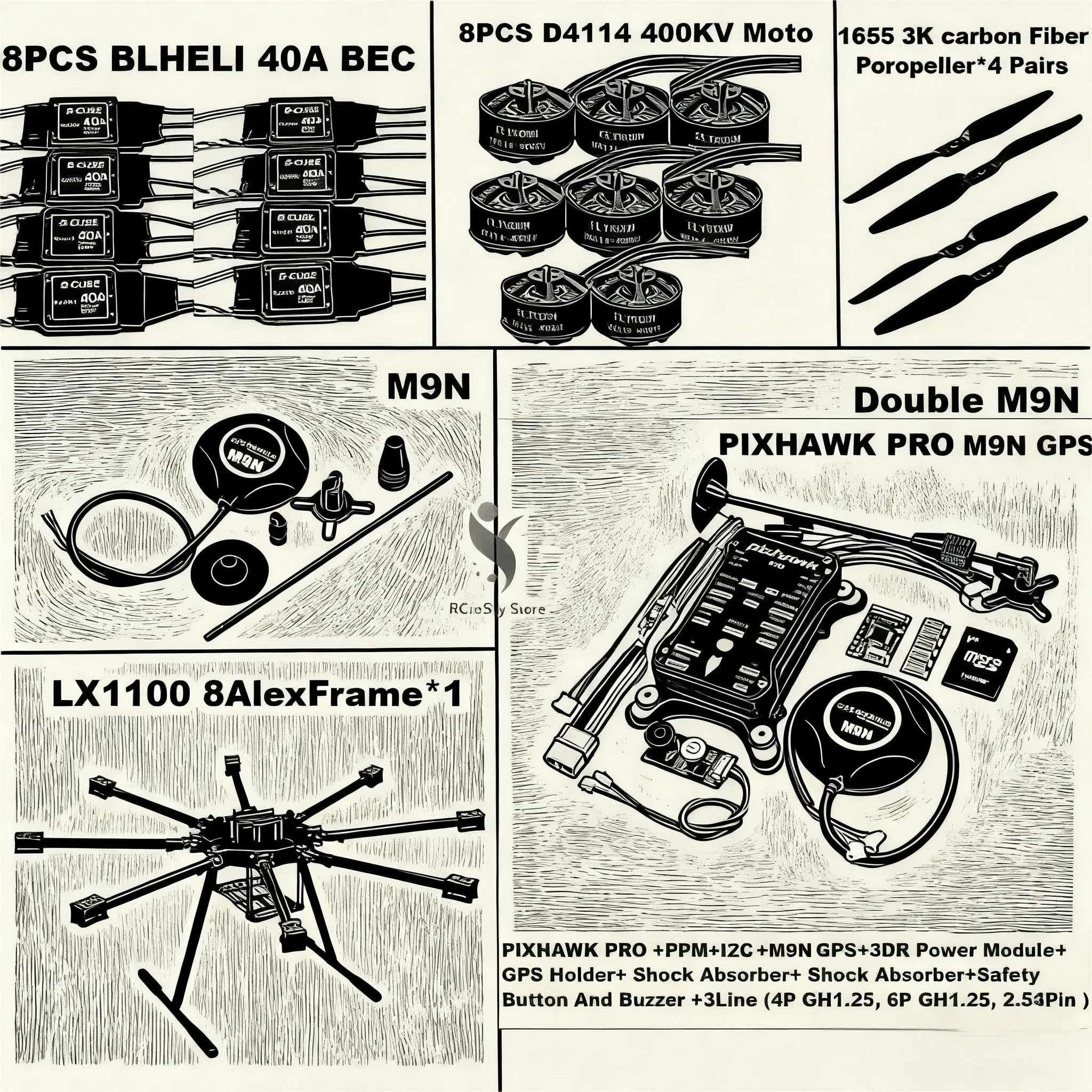 

LX1100 Full Carbon Fiber1100mm Octa-Rotor Frame BLHELI 40A ESC PX4 Pixhawk PRO Double M9N Flight Comtrol Set D4114 Motor Rctosky