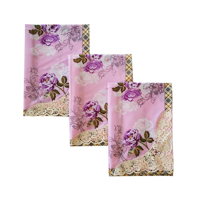 3Pcs 43x43cm Flower Printed Combed Cotton Embroidery Hankies Hollow Lace Square Scarf Women Handkerchief Wedding Party Gift