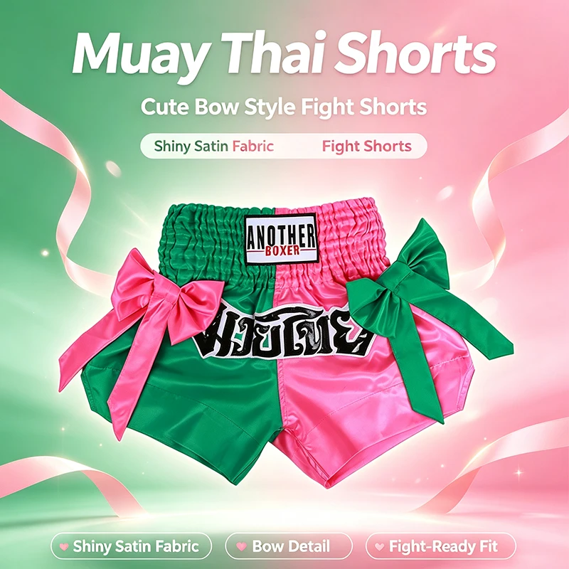 Damen Mode Schleifendekor Muay Thai Shorts Zweifarbig Rosa Grün Satin Boxshorts Fitness Workout Kickbox-Trainingsshorts Herren Kinder