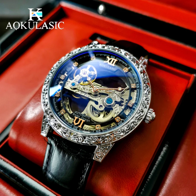 AOKULASIC الفاخرة جلد رجل آلات أوتوماتيكية ساعة ريترو الهاتفي تصميم الوجهين الجوف خارج توربيون مقاوم للماء ساعة رجالية