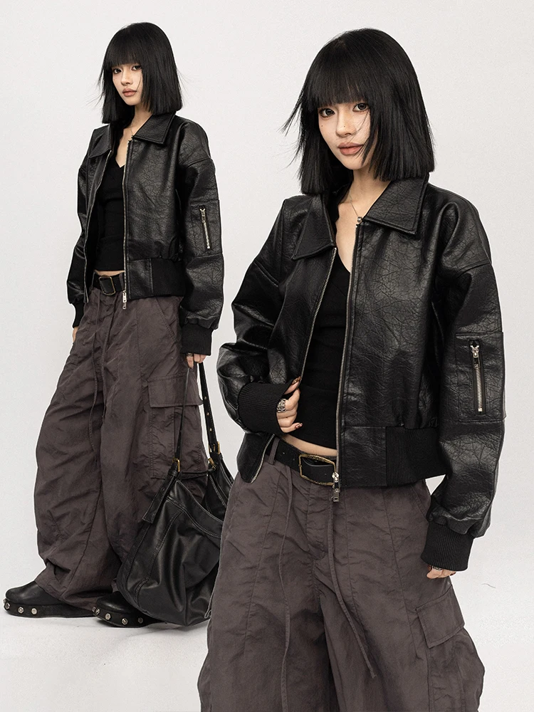 

OCTTFLAB Американская ретро-куртка из искусственной кожи для женщин, повседневная универсальная осенне-зимняя новинка, стильная куртка на молнии для города