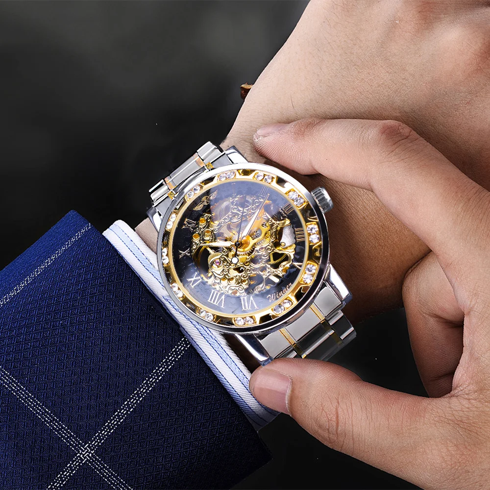 Mechanical Watch For Men Transparent Fashion Diamond Luminous Pointer Royal Design Luxury Steel Band Men Watch Reloj Hombre