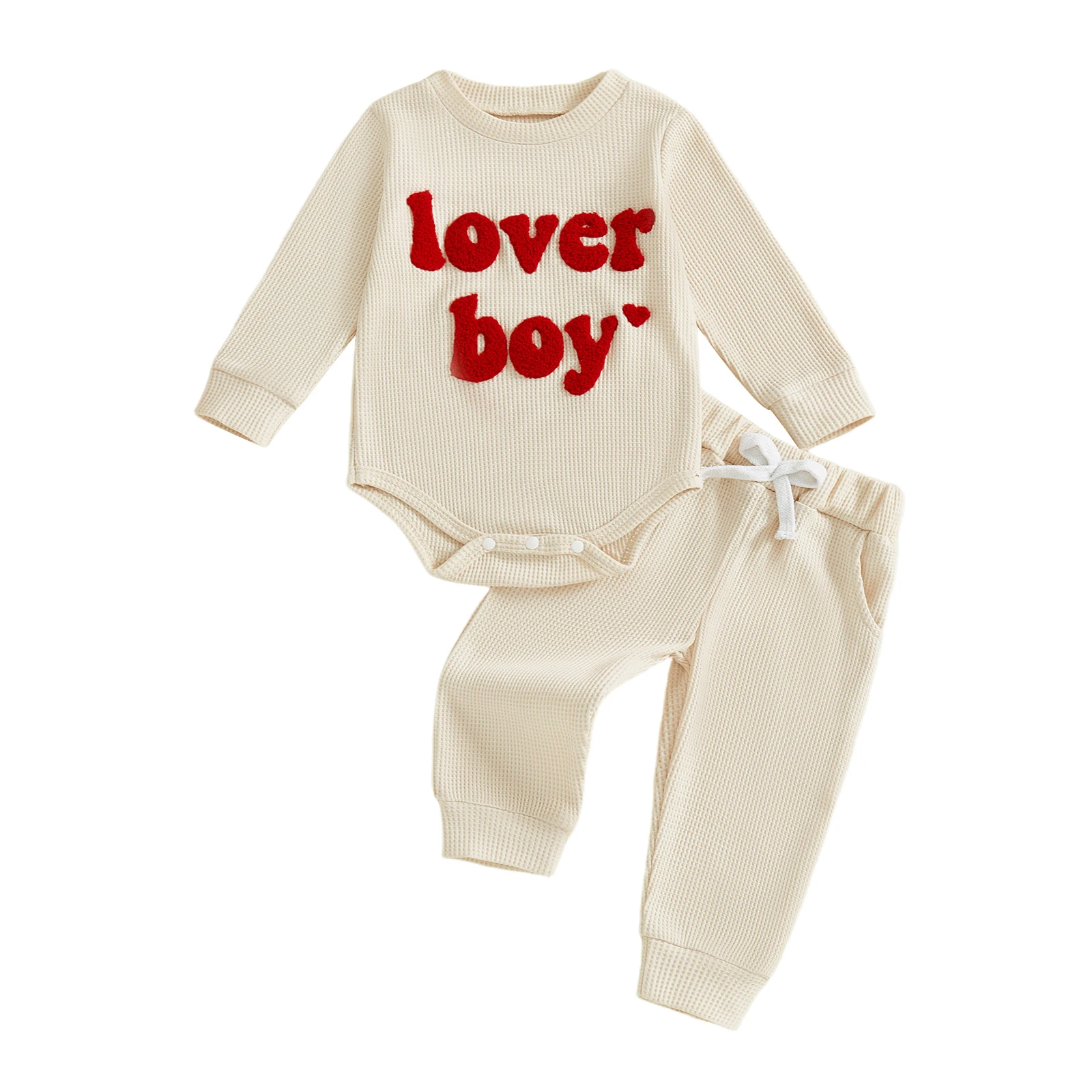 ملابس ربيعية للأطفال الأولاد مطرزة بأحرف وأكمام طويلة رومبير بلون سادة وسراويل طويلة مكونة من قطعتين