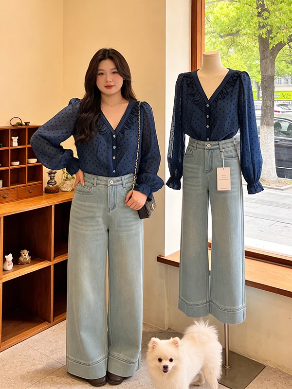 

Свободная женская блузка с V-образным вырезом и рукавами-фонариками в горошек, в корейском стиле, для повседневной носки, модная новинка Весна 2026