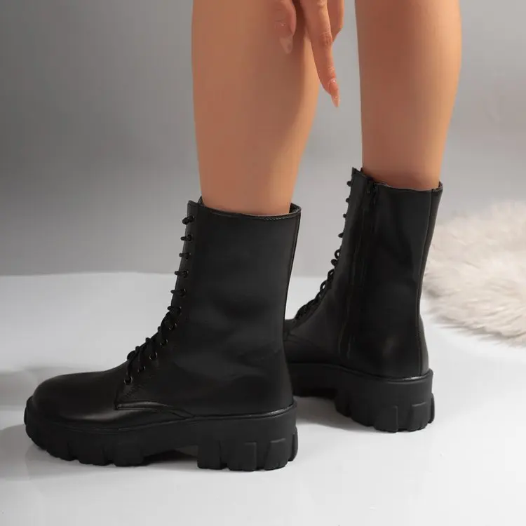 Weiße Plateau-Kampfstiefel für Damen mit Schnürung und seitlichem Reißverschluss, modische Stiefel in mittlerer Wadenhöhe – Detail 1