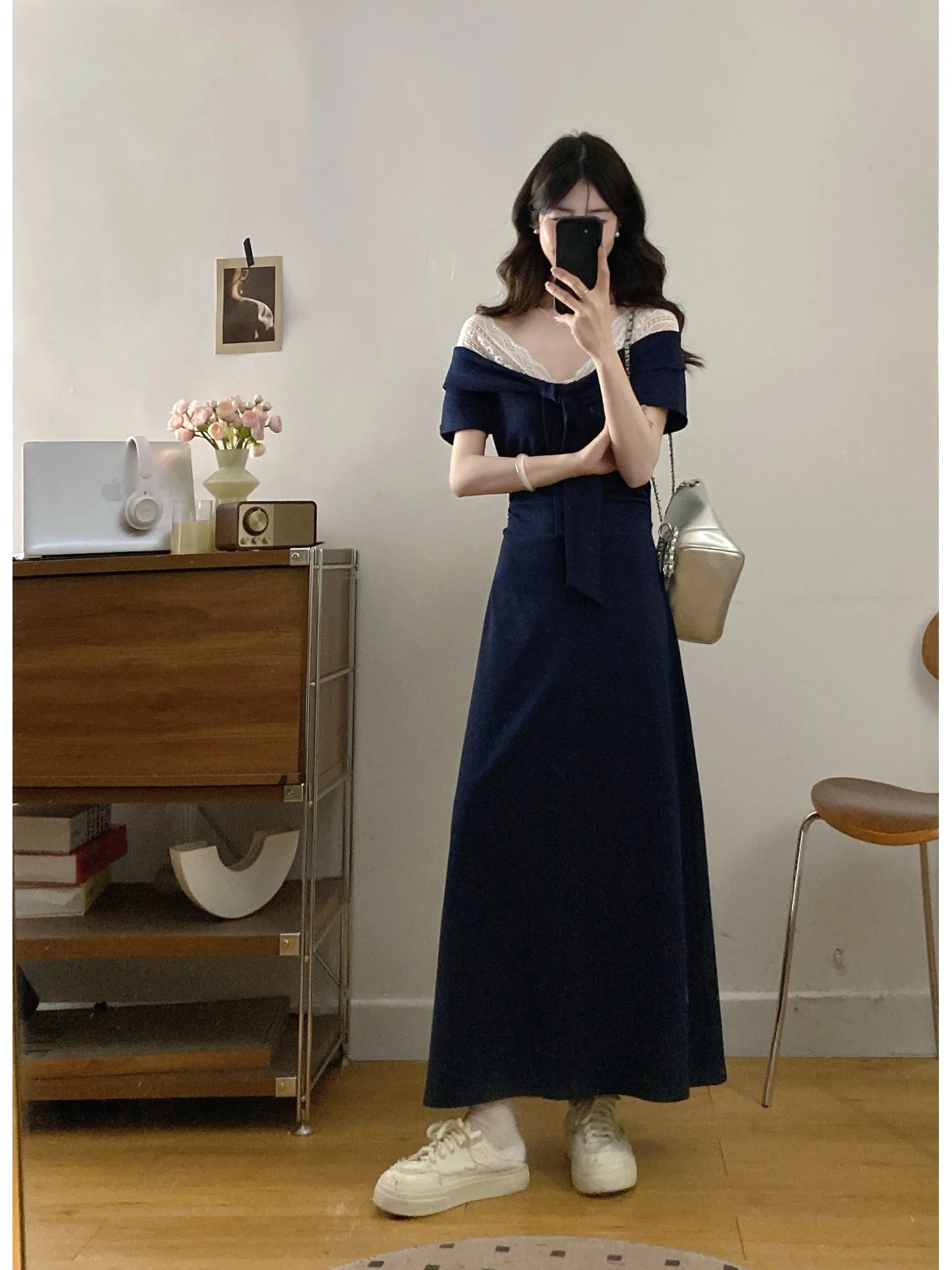 

plus Size Fashionable Summer Long Dress V-Neck Lace Splicing Slimming Waist Design Casual High Waist A-Line Skirt