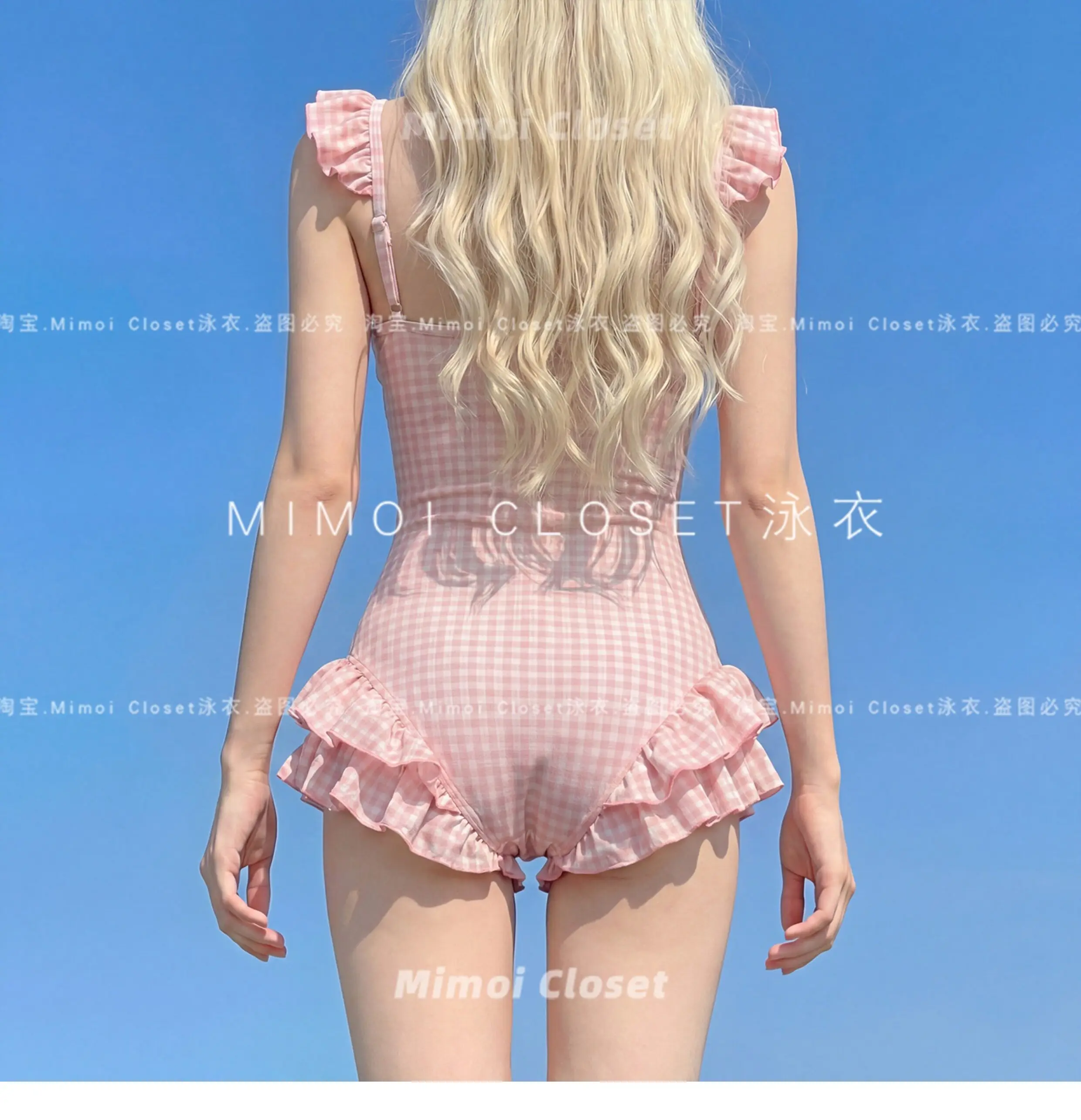 2026 Summer New Sweet Girl Pink Plaid One-piece Swimsuit Beachwear Women Sweet Bow High-end Swimwear Vacation Swimsuit Bikini