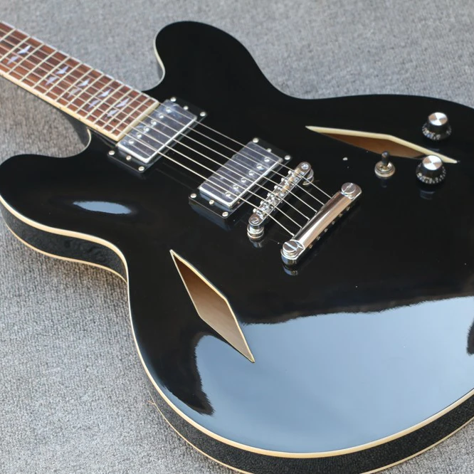 

New arrive Double hole F, black top Hollow Body Mahogany 335 Jazz Electric guitar with Golden Hardware