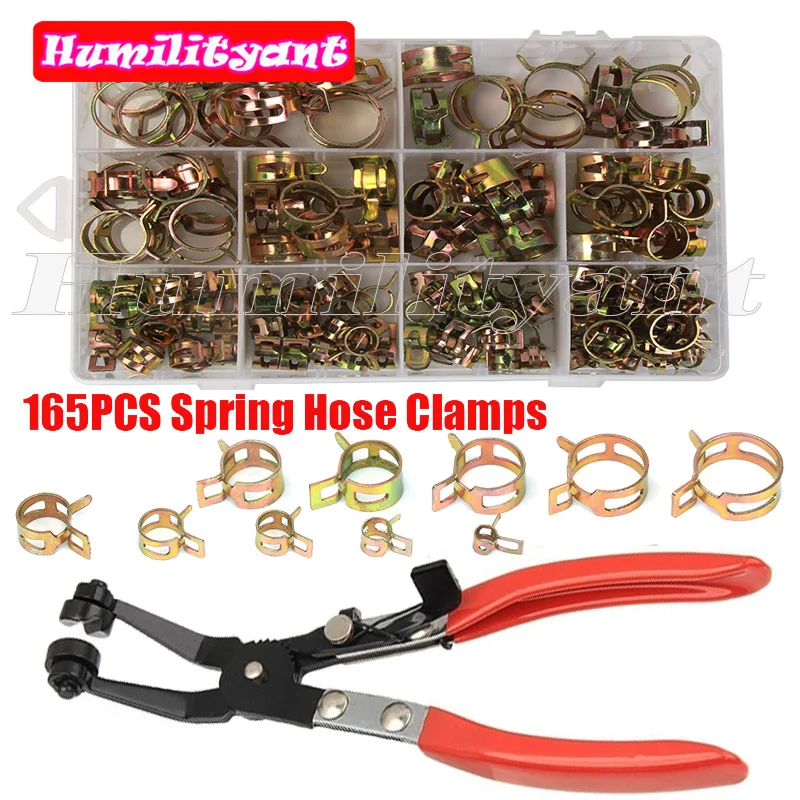 

165PC Hose Clamp 6-22mm Zinc Plated Spring Fuel Oil Water Hose Clip Metal Fastener Assortment with 1PC Curved Hose Clamp Plier