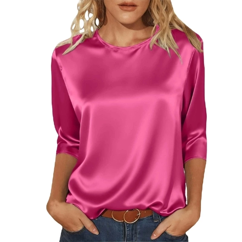 Silk Satins Blouses for Women 3/4 Sleeve Tunics Tops Casual Loose Basic Shirt D0UB