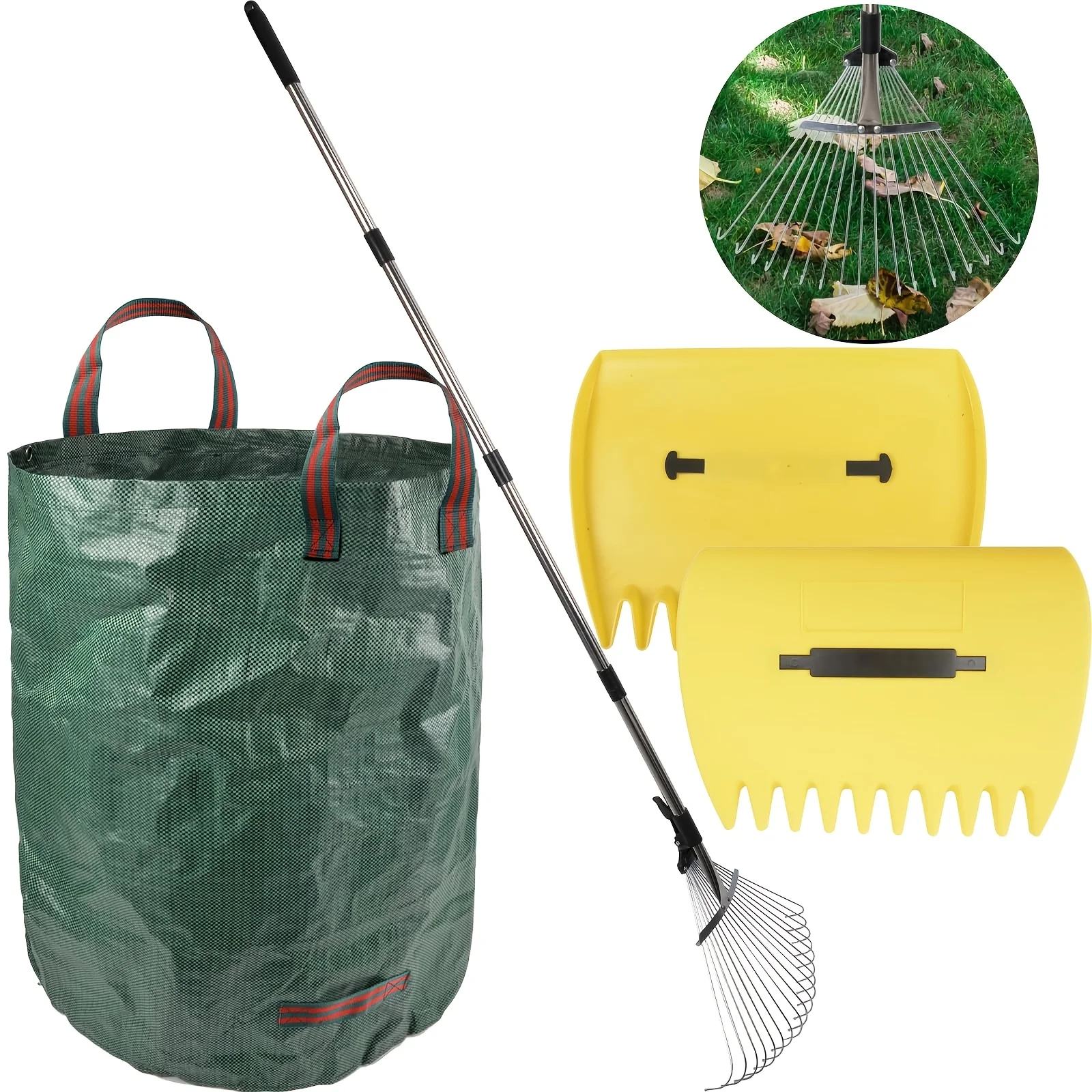 ChezMax Leaf Collector Garden Rake Set - Adjustable 18 tooth blade rake with upper blade picker and 72 gallon lawn garbage bag,