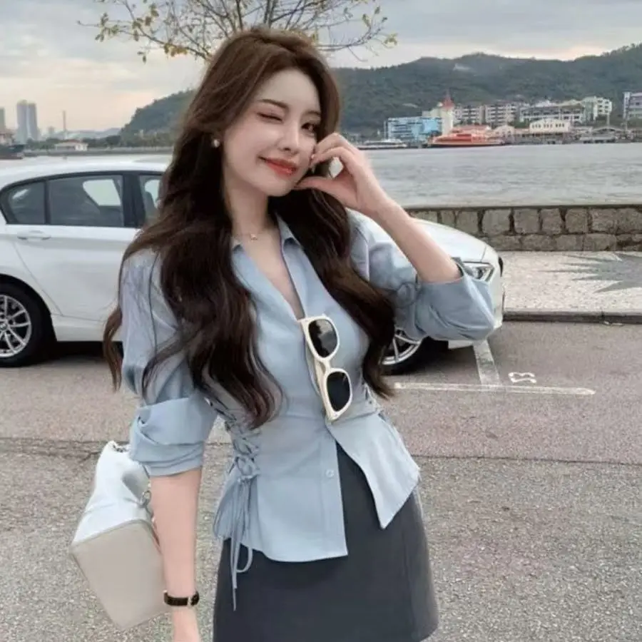 เสื้อเชิ้ตแขนยาวผู้หญิง ผ้าฝ้าย แต่งลูกไม้ ติดกระดุม ทรงหลวม คอปกพับ สไตล์เกาหลี ผู้หญิง น่ารัก สดใส วัยรุ่น ฤดูใบไม้ผลิ ใส่ทำงาน