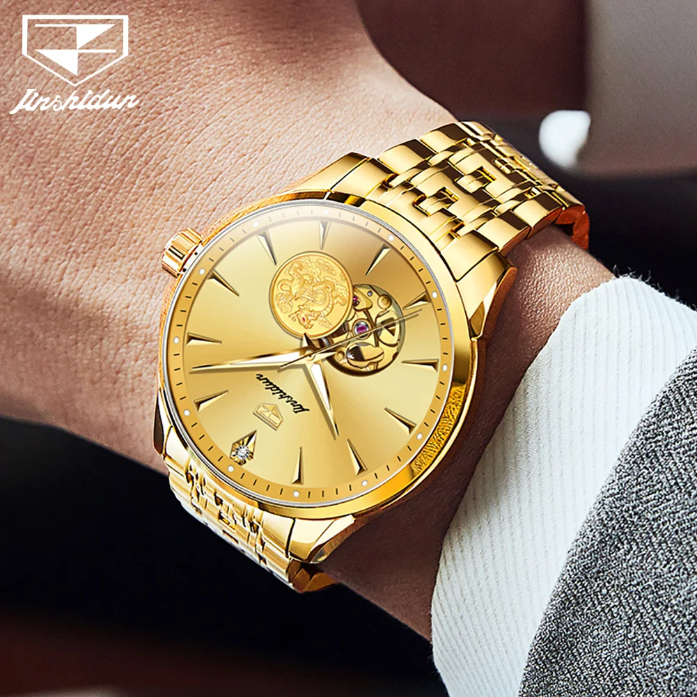 Real Gold Automatic Watch for Men Swiss Movement JSDUN Original Wristwatch Sapphire Mirror Waterproof Clock Business Men\'s Watch