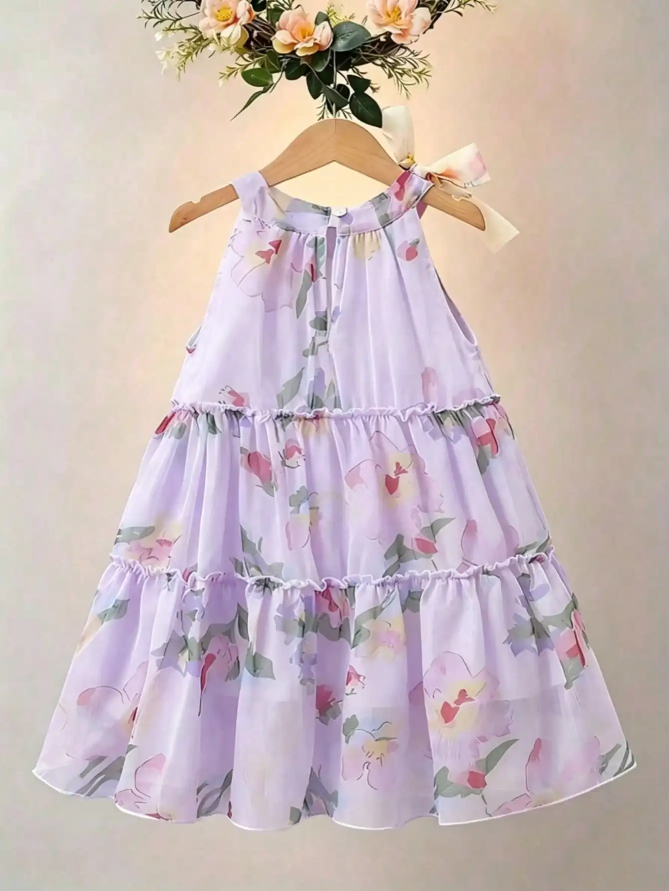 Mädchen Lässiges Bequemes Rundhals-Ärmelloses Kleid mit Blumen- und Blattdruck A-Linien-Rock Kinderbekleidung – Detail 13