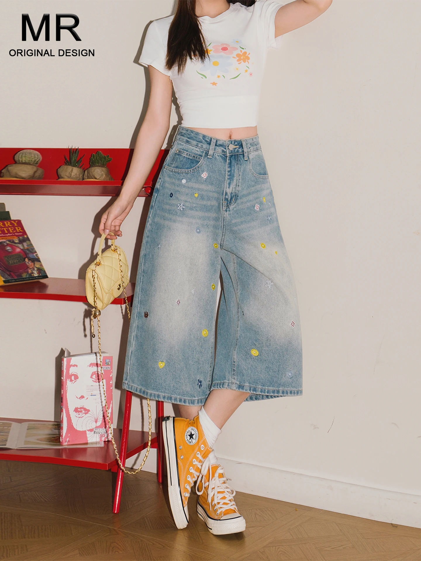 High Waist Loose Fit Denim Jeans Women's 2026 New Summer Style Three Dimensional Embroidery Seven-Foot Wide Leg Casual Pants