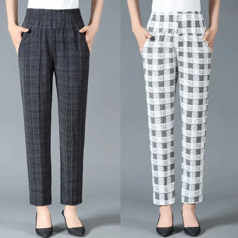 2025Summer New Casual Pants Ladies Middle-Aged Elderly Thin High Waist Trousers Women Pants Elastic Waist Elastic Straight Pants