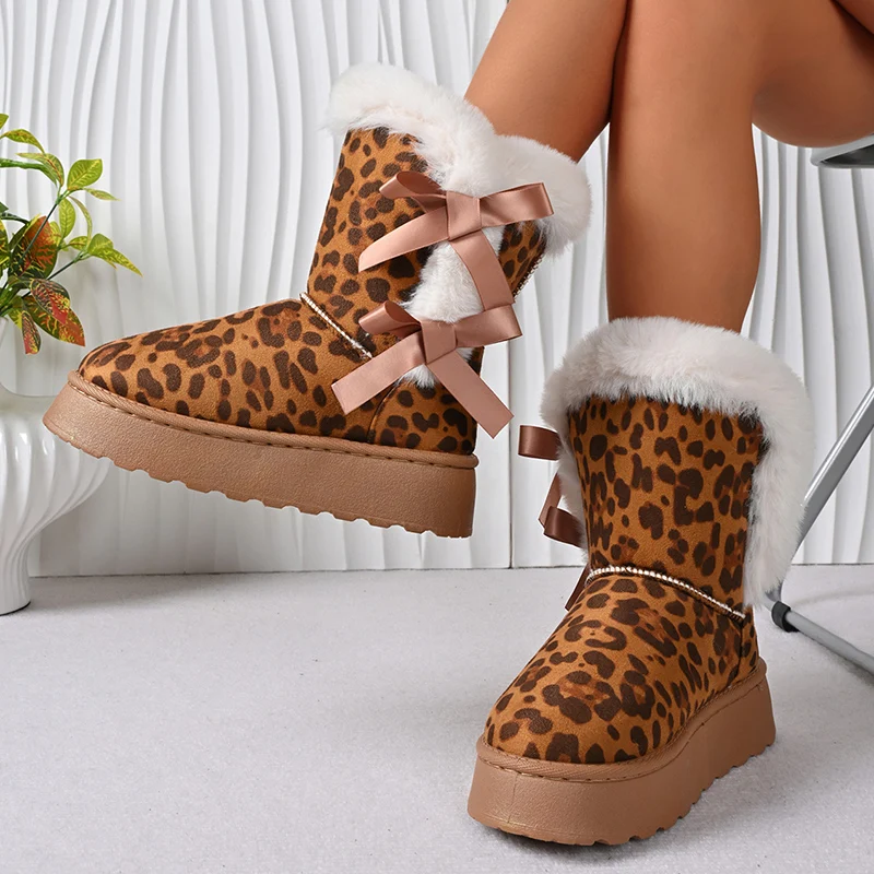 

Sweet Bowknot Detor Snow Boots for Women Winter 2025 Short Plush Leopard Warm Snow Boots Woman Platform Women's Cotton Shoes