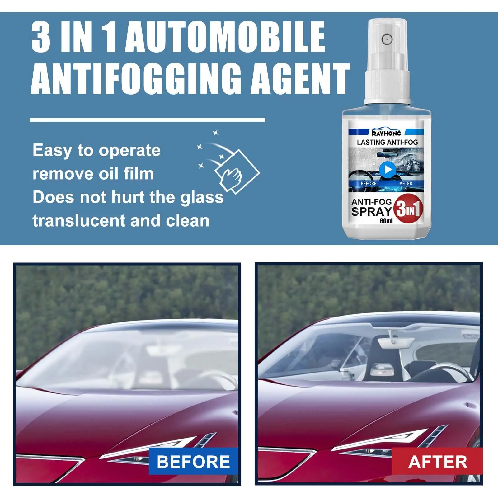 Anti Fog Spray for Car Windshield Defogger Cleaner Glass Protector Quick Use for Truck SUV Motorcycle Mirror